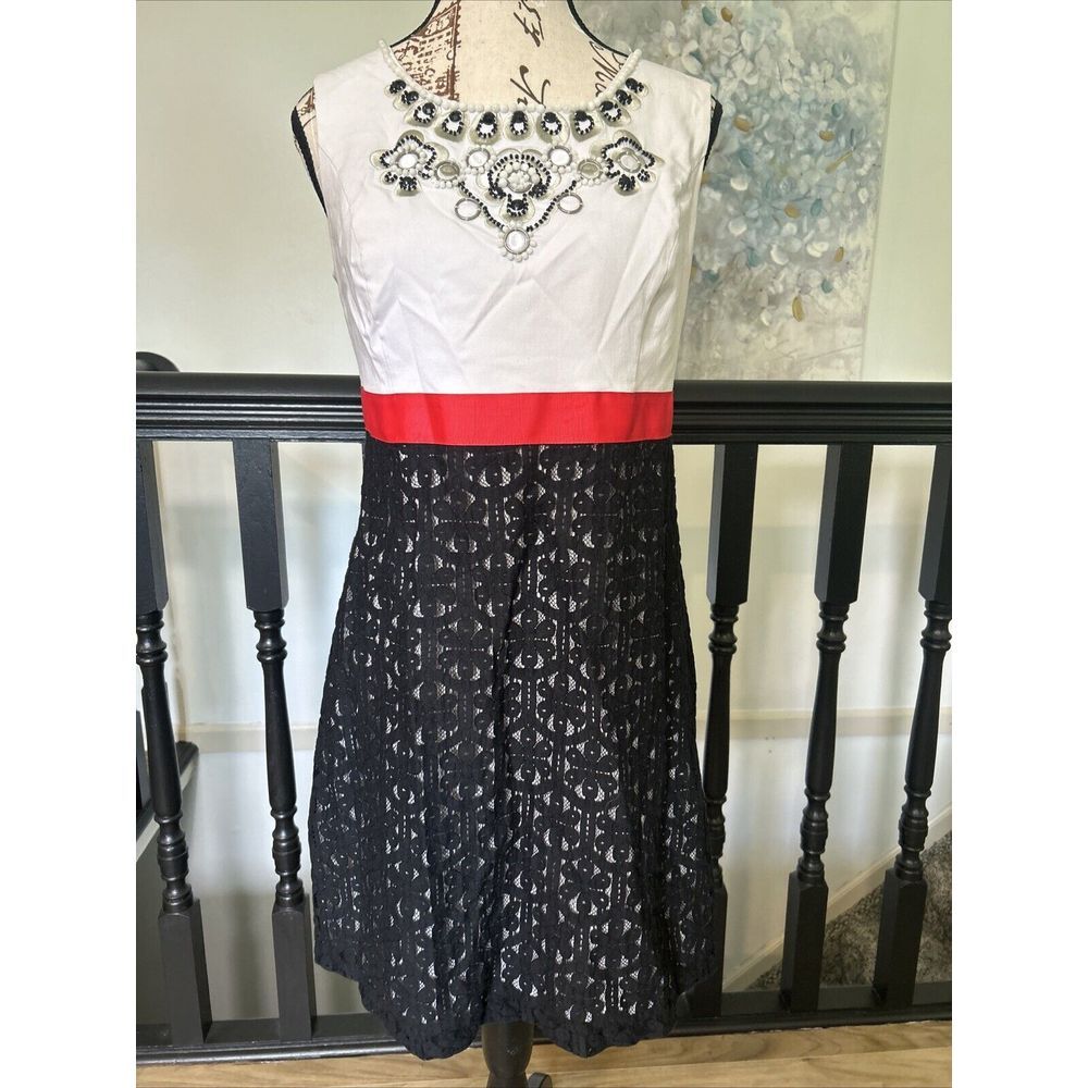Kensie Sleeveless Sheath Dress L Black White‎ Beaded Formal Elegant Wedding Work